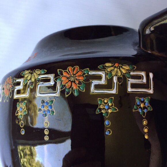Hand Painted Black Teapot Floral Flower Art Ornate Pottery Made in Japan Vintage - Picture 6 of 12